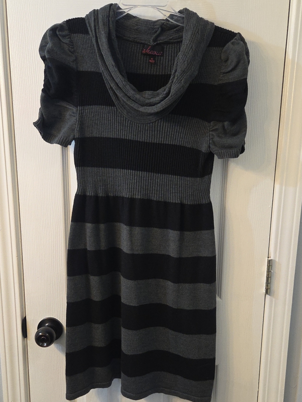 Takeout Black and Gray Striped Knit Dress with Cowl Neck